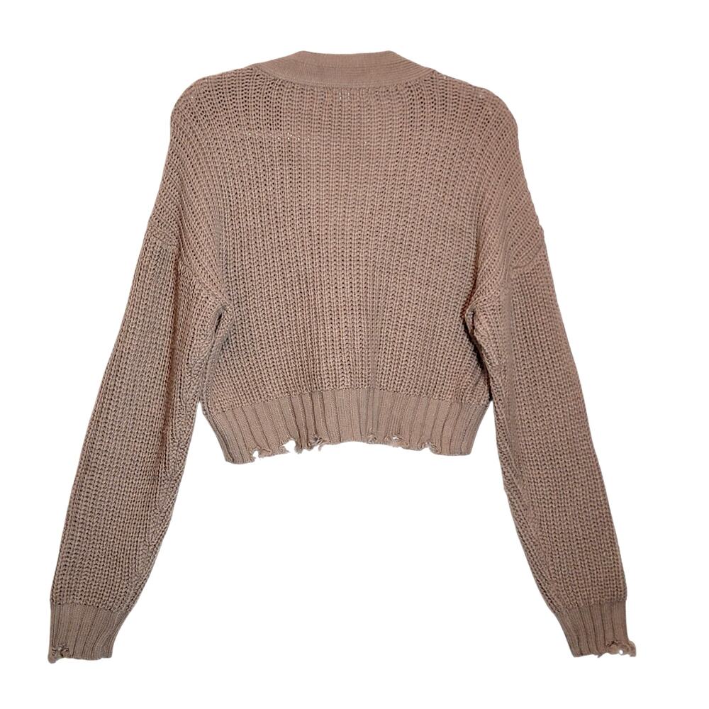 No Comment Tan Distressed Cardigan Sweater V Neck M Grunge Cozy Casual Layering - Picture 6 of 10